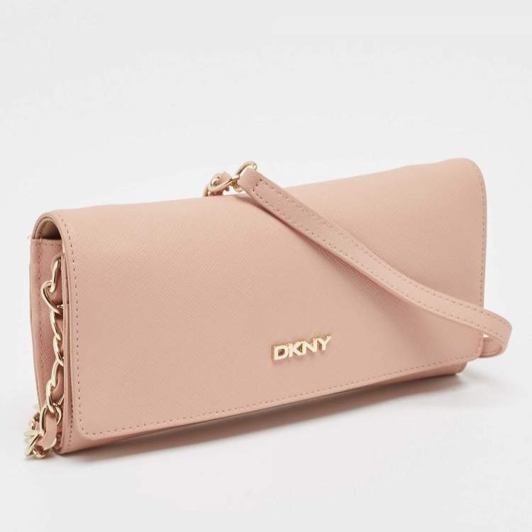 Pre Owned DKNY Pink Saffiano Leather Flap Wallet on Chain