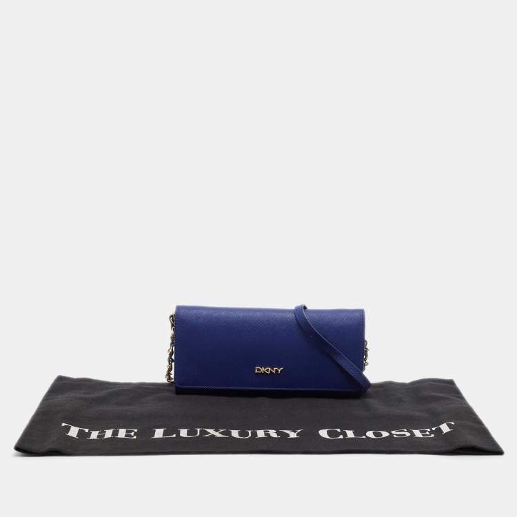 Pre Owned DKNY Blue Leather Logo Flap Wallet On Chain