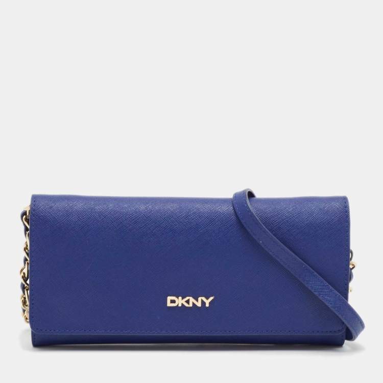 Pre Owned DKNY Blue Leather Logo Flap Wallet On Chain