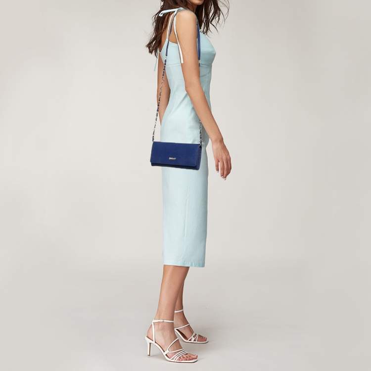 Pre Owned DKNY Blue Leather Logo Flap Wallet On Chain