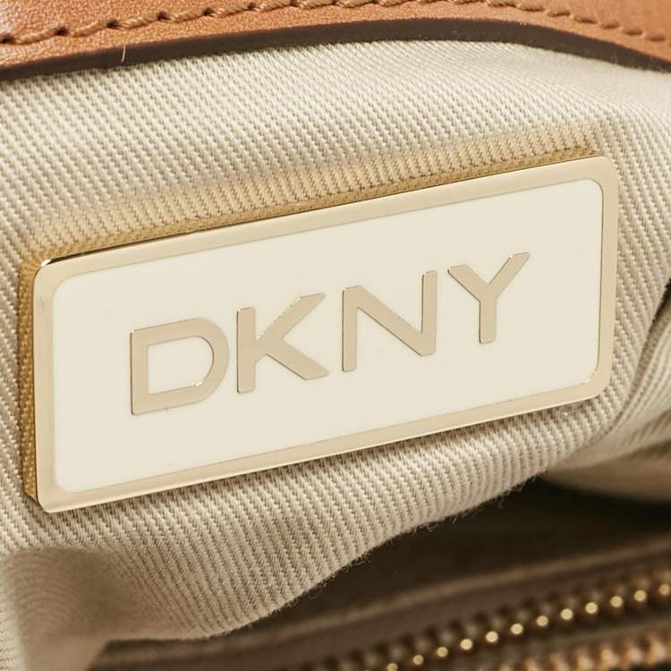 Pre Owned DKNY Beige/Brown Monogram Canvas and Leather Front Zip Tote