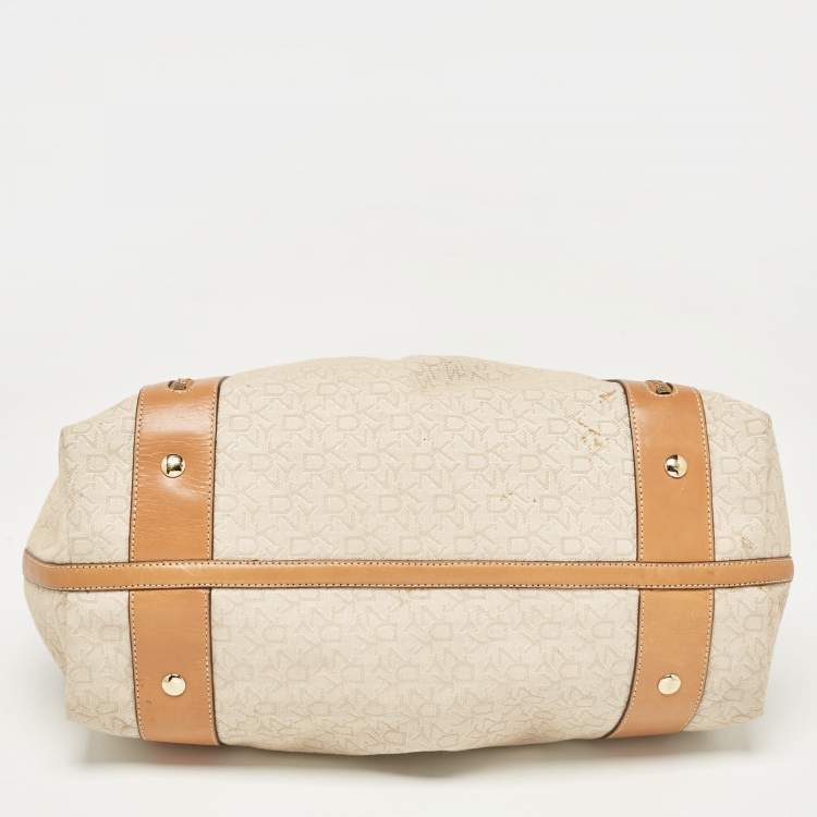 Pre Owned DKNY Beige/Brown Monogram Canvas and Leather Front Zip Tote