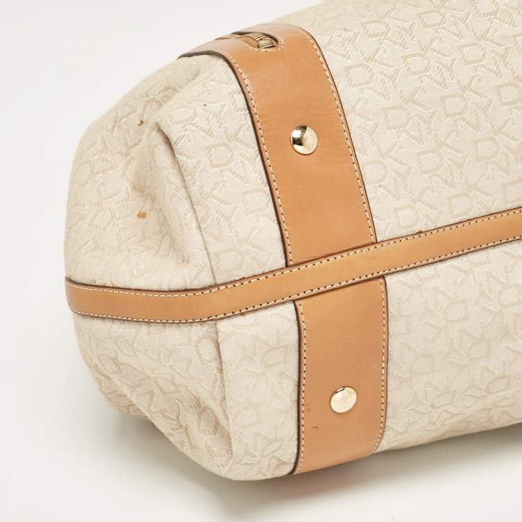 Pre Owned DKNY Beige/Brown Monogram Canvas and Leather Front Zip Tote
