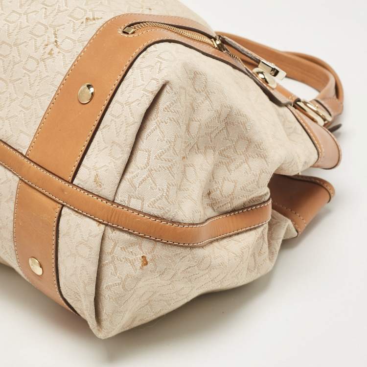 Pre Owned DKNY Beige/Brown Monogram Canvas and Leather Front Zip Tote