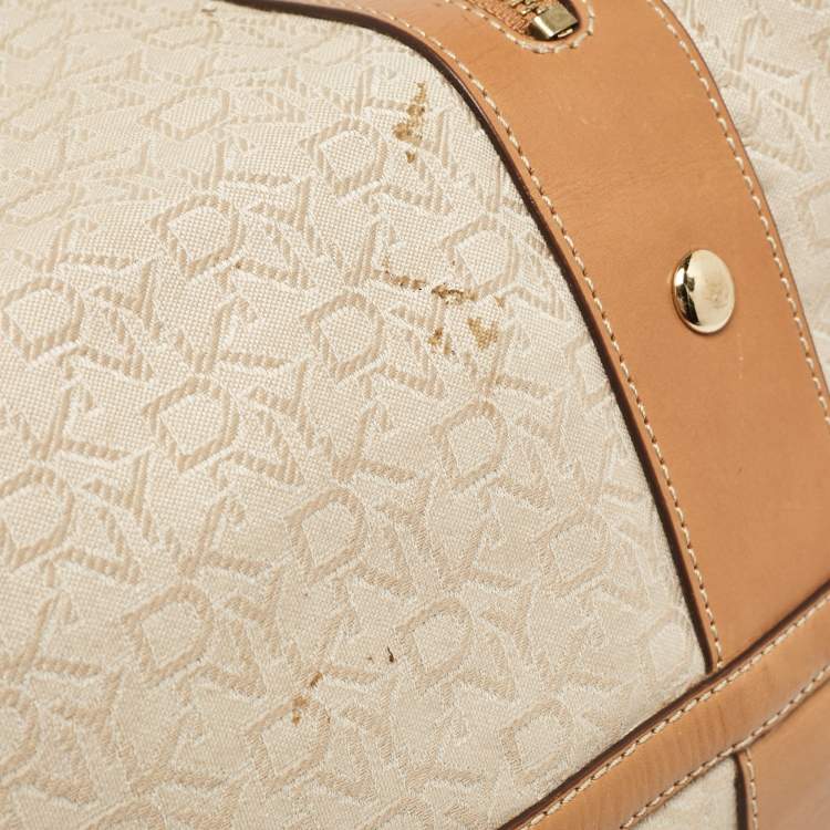 Pre Owned DKNY Beige/Brown Monogram Canvas and Leather Front Zip Tote