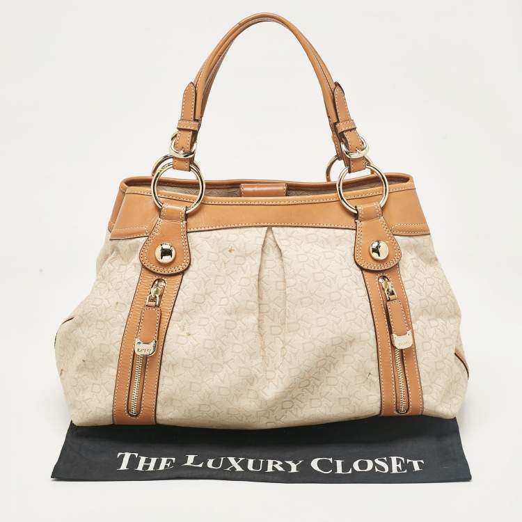 Pre Owned DKNY Beige/Brown Monogram Canvas and Leather Front Zip Tote