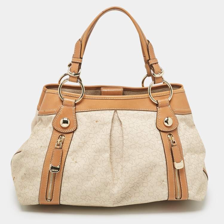 Pre Owned DKNY Beige/Brown Monogram Canvas and Leather Front Zip Tote