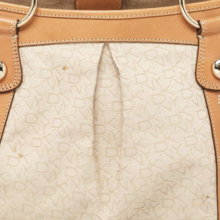 Pre Owned DKNY Beige/Brown Monogram Canvas and Leather Front Zip Tote