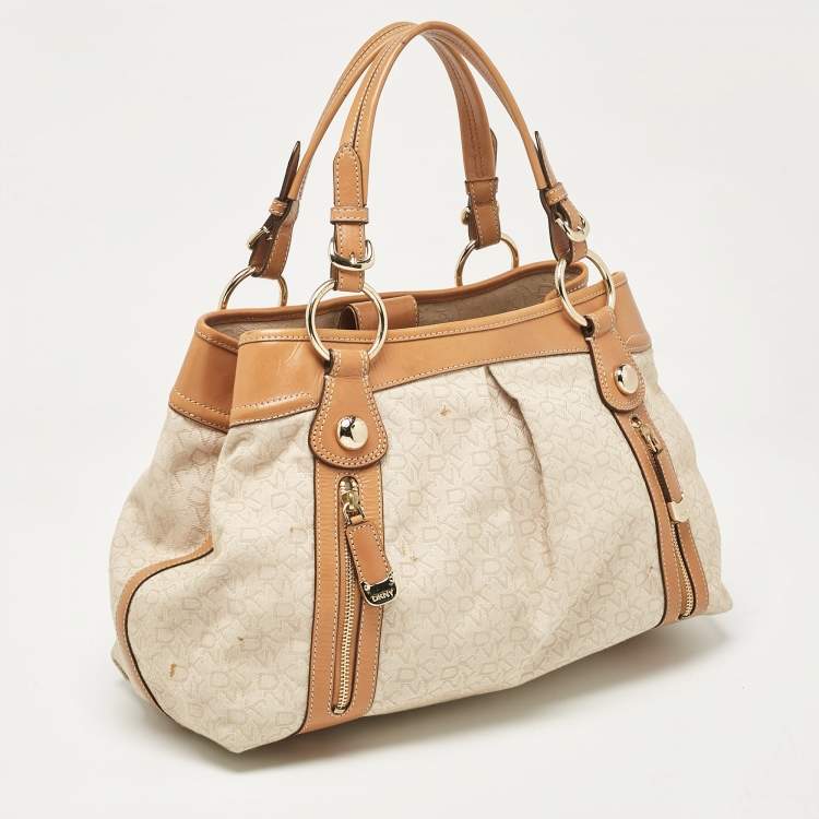 Pre Owned DKNY Beige/Brown Monogram Canvas and Leather Front Zip Tote