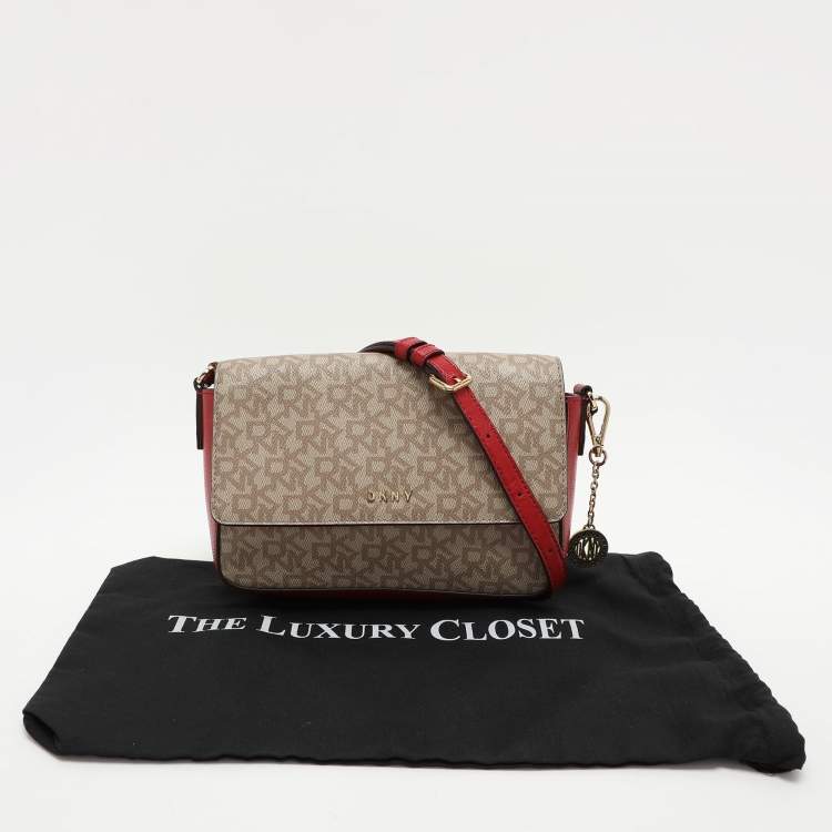 Pre Owned Dkny Beige/Red Signature Coated Canvas and Leather Crossbody Bag