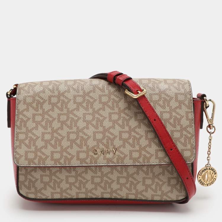 Pre Owned Dkny Beige/Red Signature Coated Canvas and Leather Crossbody Bag
