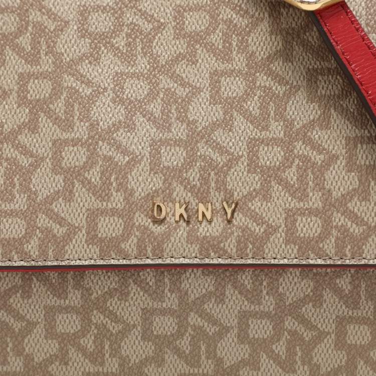Pre Owned Dkny Beige/Red Signature Coated Canvas and Leather Crossbody Bag