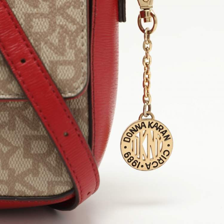 Pre Owned Dkny Beige/Red Signature Coated Canvas and Leather Crossbody Bag