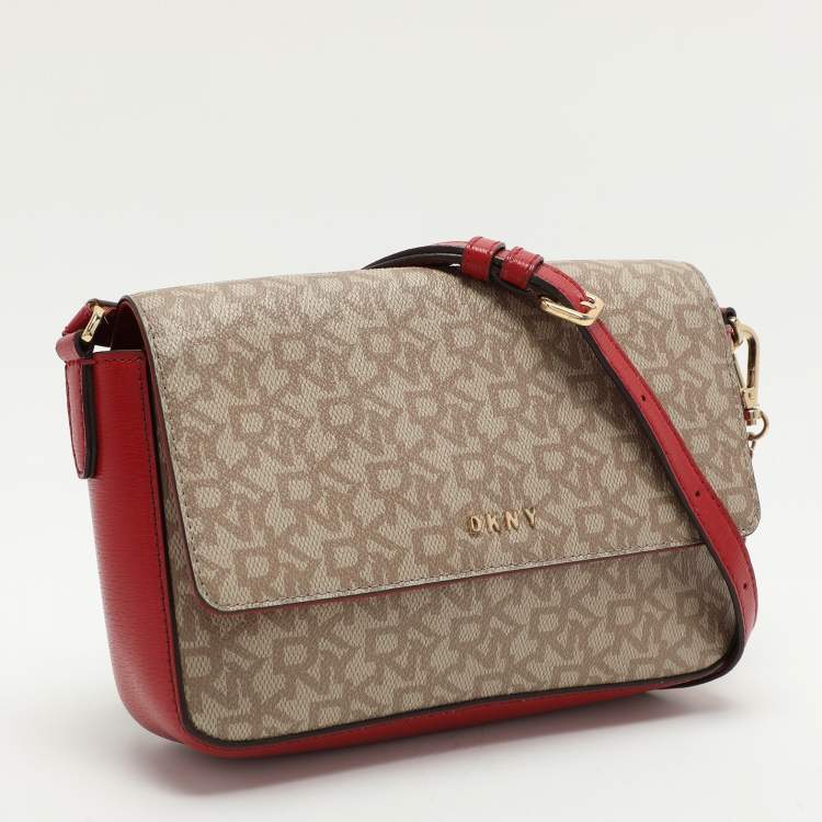 Pre Owned Dkny Beige/Red Signature Coated Canvas and Leather Crossbody Bag