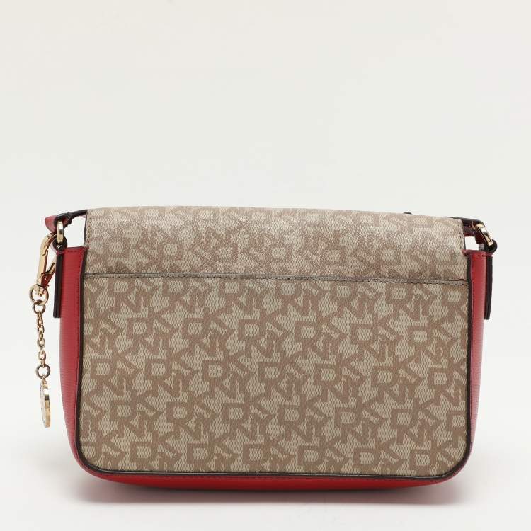 Pre Owned Dkny Beige/Red Signature Coated Canvas and Leather Crossbody Bag