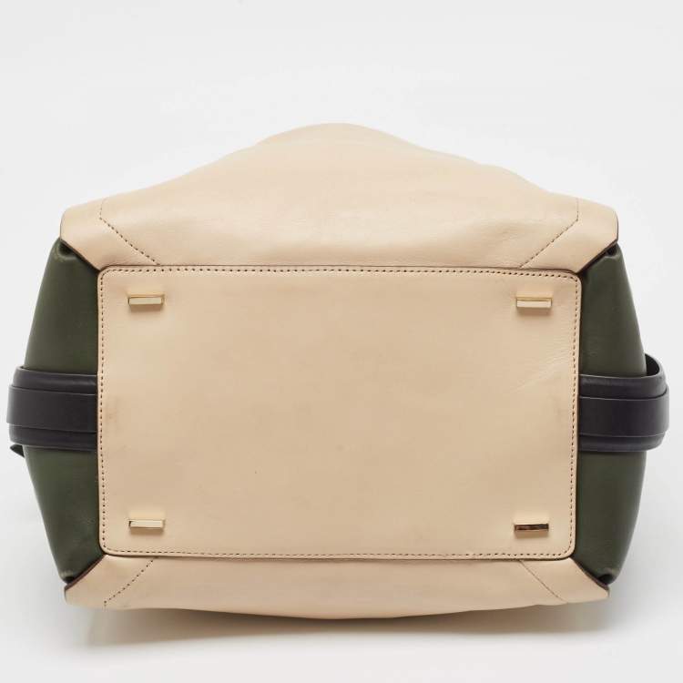 Pre Owned DKNY Beige/Fatigue Green Leather Hobo