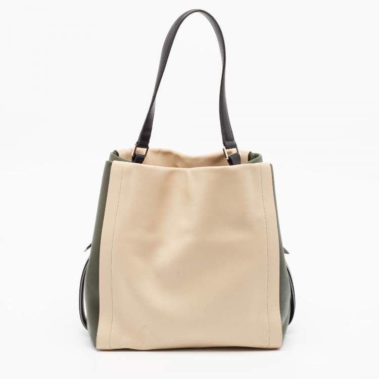 Pre Owned DKNY Beige/Fatigue Green Leather Hobo
