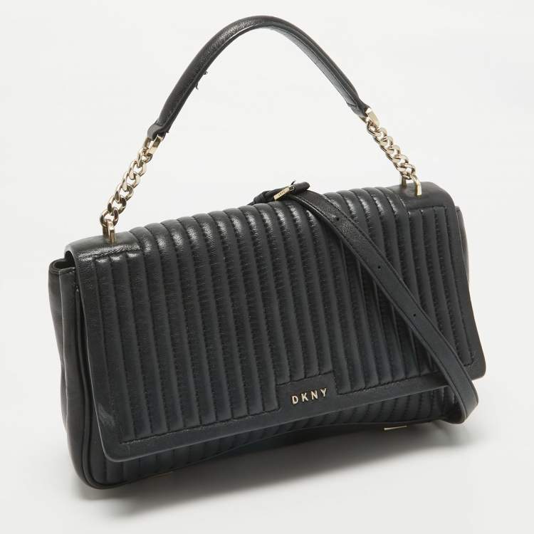 Pre Owned DKNY Black Pinstripe Quilted Leather Gansevoort Top Handle Bag