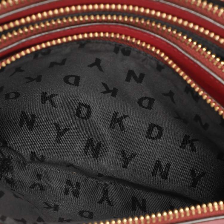 Pre Owned DKNY Burgundy Leather Triple Zip Crossbody Bag