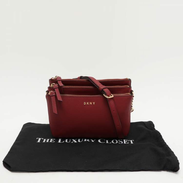 Pre Owned DKNY Burgundy Leather Triple Zip Crossbody Bag