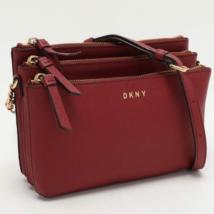 Pre Owned DKNY Burgundy Leather Triple Zip Crossbody Bag