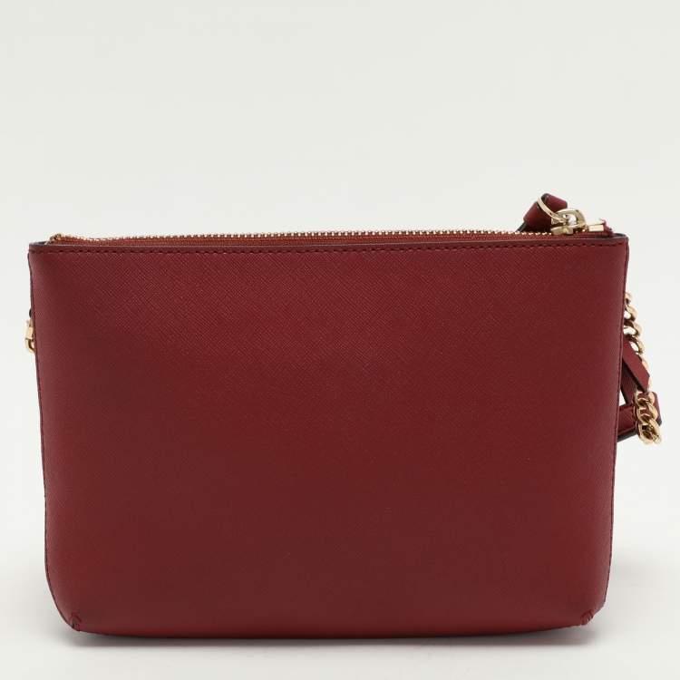 Pre Owned DKNY Burgundy Leather Triple Zip Crossbody Bag