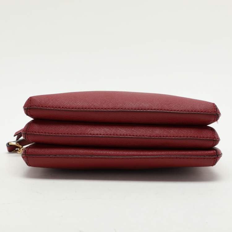 Pre Owned DKNY Burgundy Leather Triple Zip Crossbody Bag