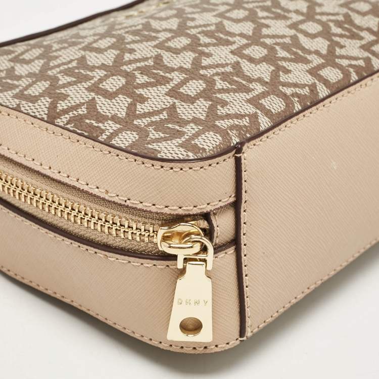 Pre Owned Dkny Beige Monogram Coated Canvas and Leather Top Handle Bag