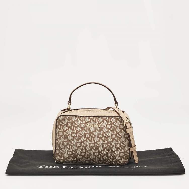 Pre Owned Dkny Beige Monogram Coated Canvas and Leather Top Handle Bag
