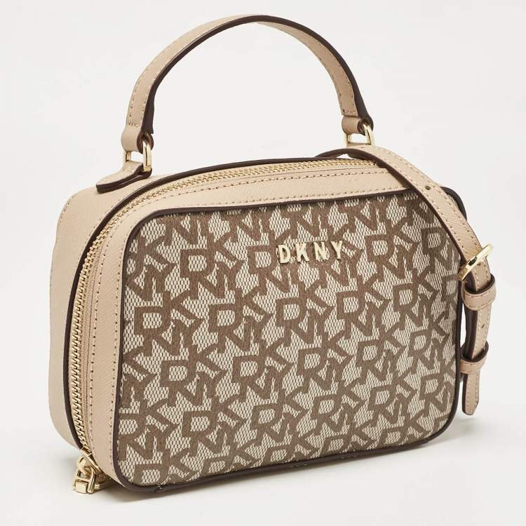 Pre Owned Dkny Beige Monogram Coated Canvas and Leather Top Handle Bag