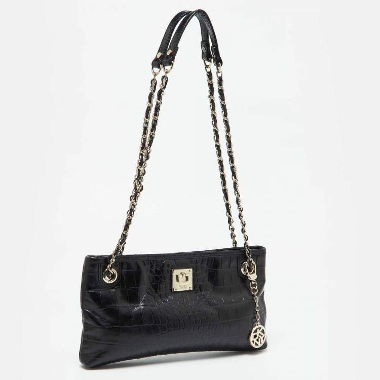 Pre Owned DKNY Black Croc Embossed Leather Shoulder Bag