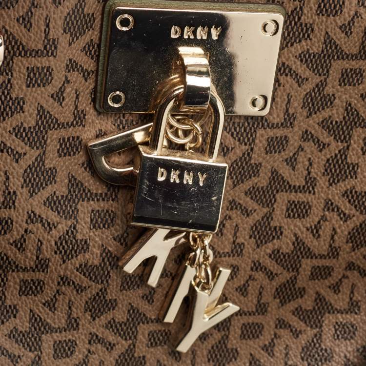 Pre Owned Dkny Khaki Brown/Green Monogram Coated Canvas and Leather Padlock Charm Satchel