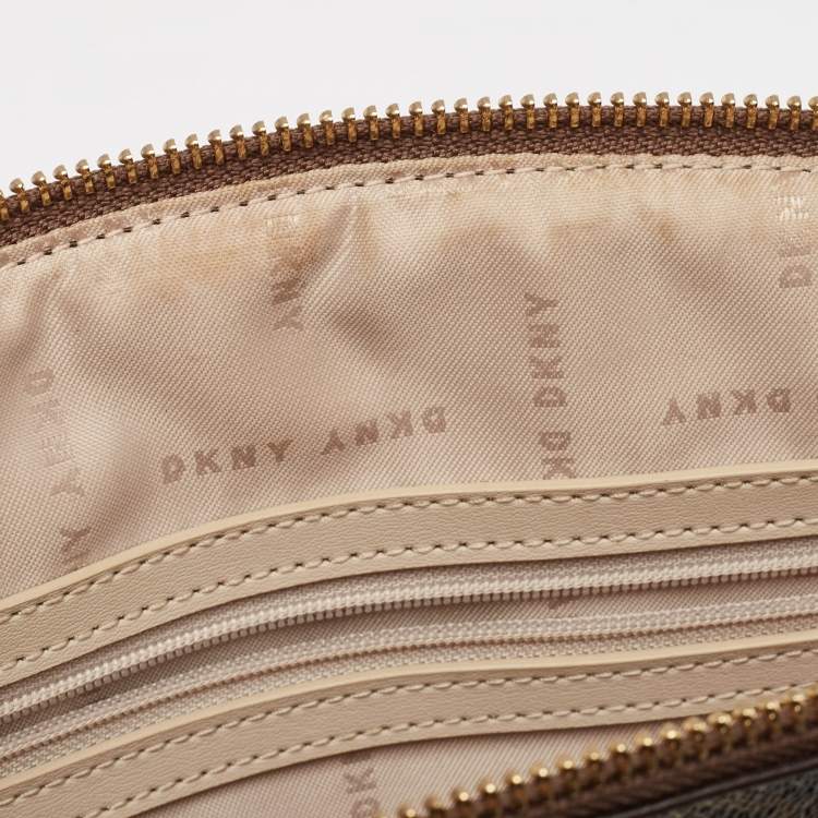 Pre Owned Dkny Khaki Brown/Green Monogram Coated Canvas and Leather Padlock Charm Satchel