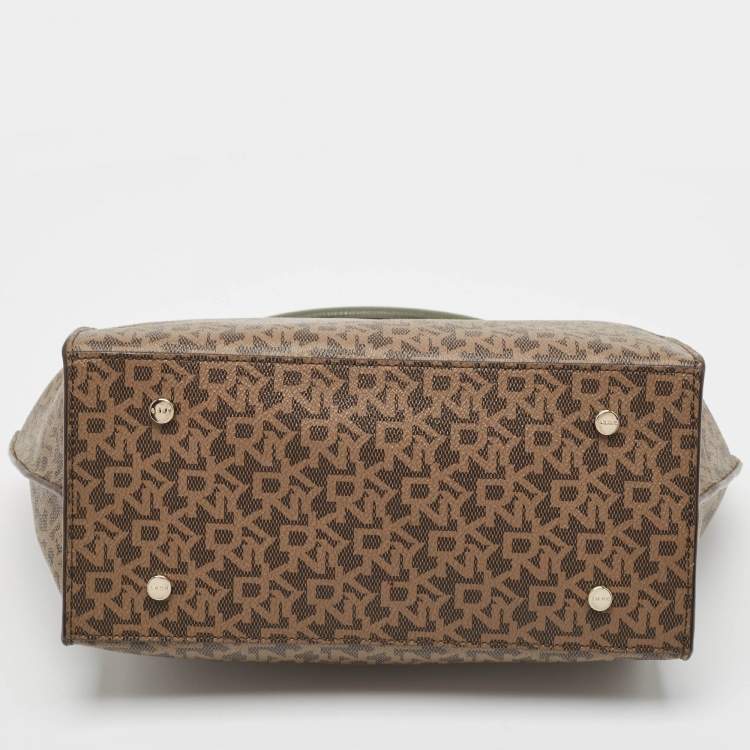 Pre Owned Dkny Khaki Brown/Green Monogram Coated Canvas and Leather Padlock Charm Satchel