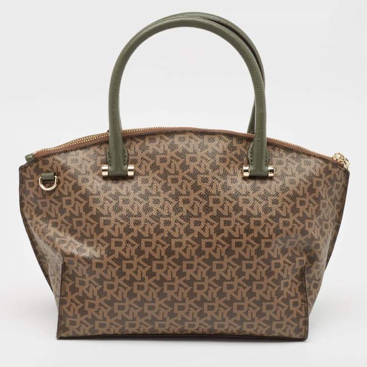 Pre Owned Dkny Khaki Brown/Green Monogram Coated Canvas and Leather Padlock Charm Satchel