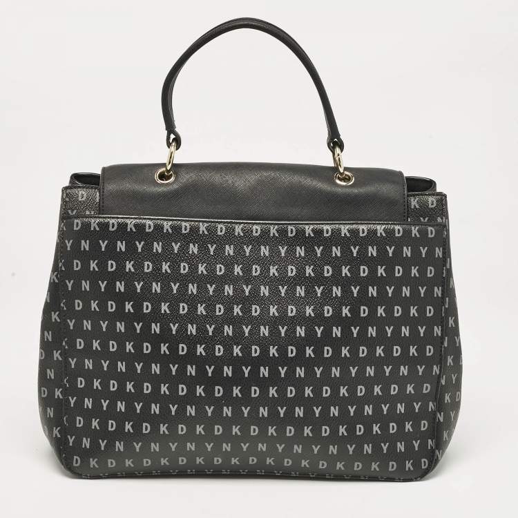 Pre Owned DKNY Black Signature Coated Canvas and Leather Flap Top Handle Bag