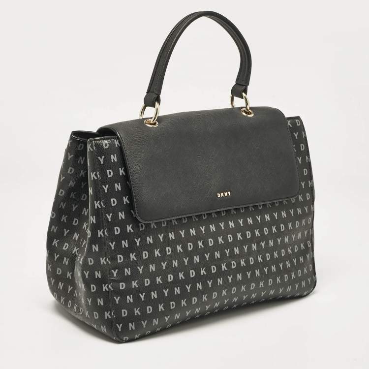Pre Owned DKNY Black Signature Coated Canvas and Leather Flap Top Handle Bag