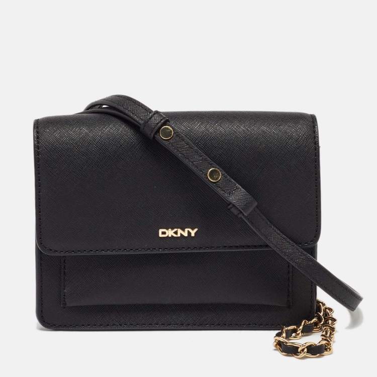 Pre Owned DKNY Black Saffiano Leather Flap Chain Shoulder Bag