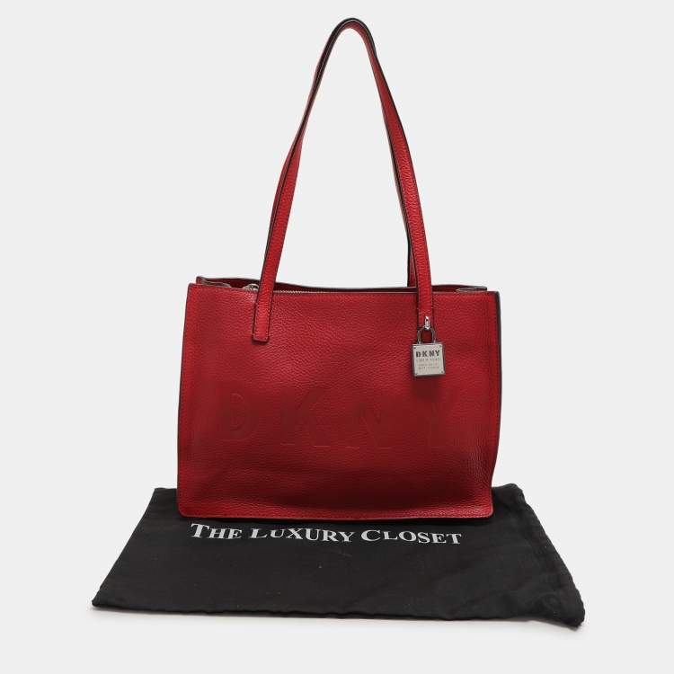 Pre Owned Dkny Red Leather Logo Embossed Tote