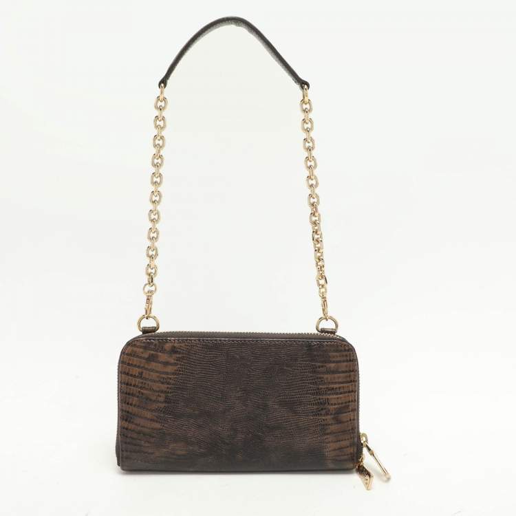 Pre Owned Dkny Brown Lizard Embossed Leather Chain Clutch