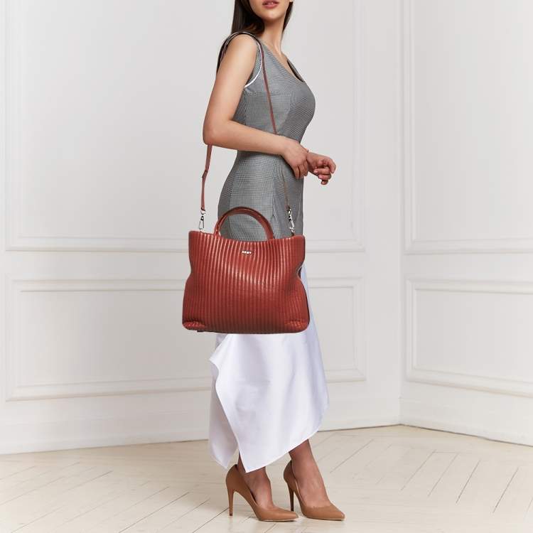 Pre Owned DKNY Brick Red Leather Pinstripe Gansevoort Tote