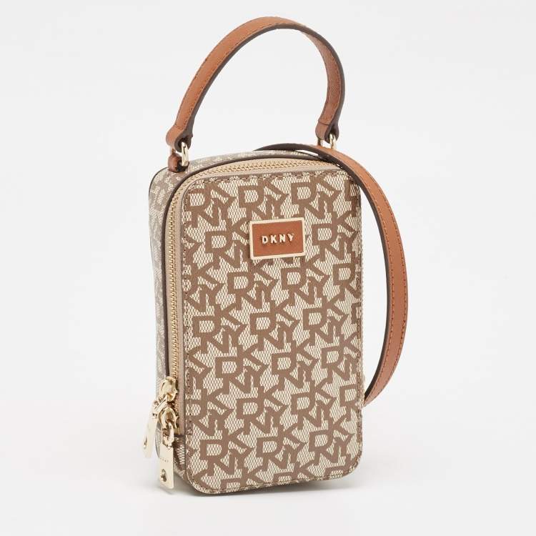 Pre Owned Dkny Brown/Beige Signature Coated Canvas and Leather Steffy Crossbody Bag