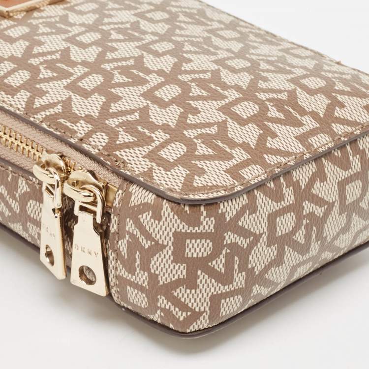 Pre Owned Dkny Brown/Beige Signature Coated Canvas and Leather Steffy Crossbody Bag