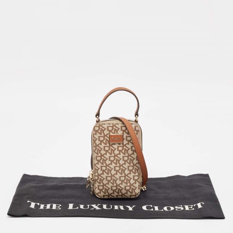 Pre Owned Dkny Brown/Beige Signature Coated Canvas and Leather Steffy Crossbody Bag
