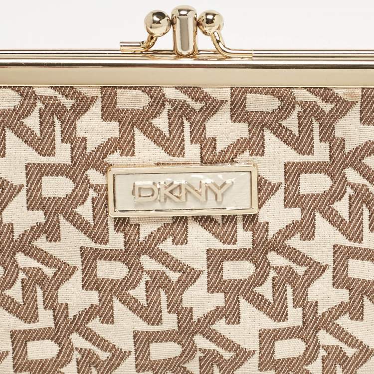 Pre Owned DKNY Beige/Brown Signature Canvas Kisslock Frame Coin Purse