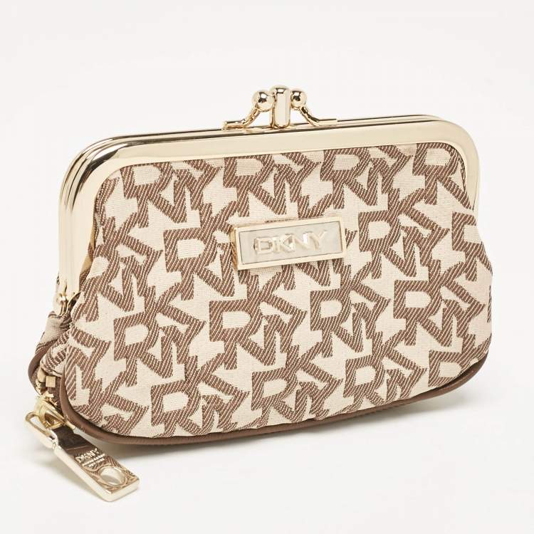 Pre Owned DKNY Beige/Brown Signature Canvas Kisslock Frame Coin Purse