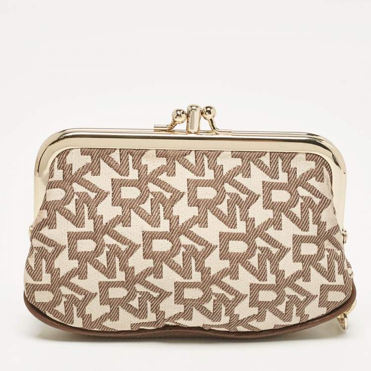 Pre Owned DKNY Beige/Brown Signature Canvas Kisslock Frame Coin Purse