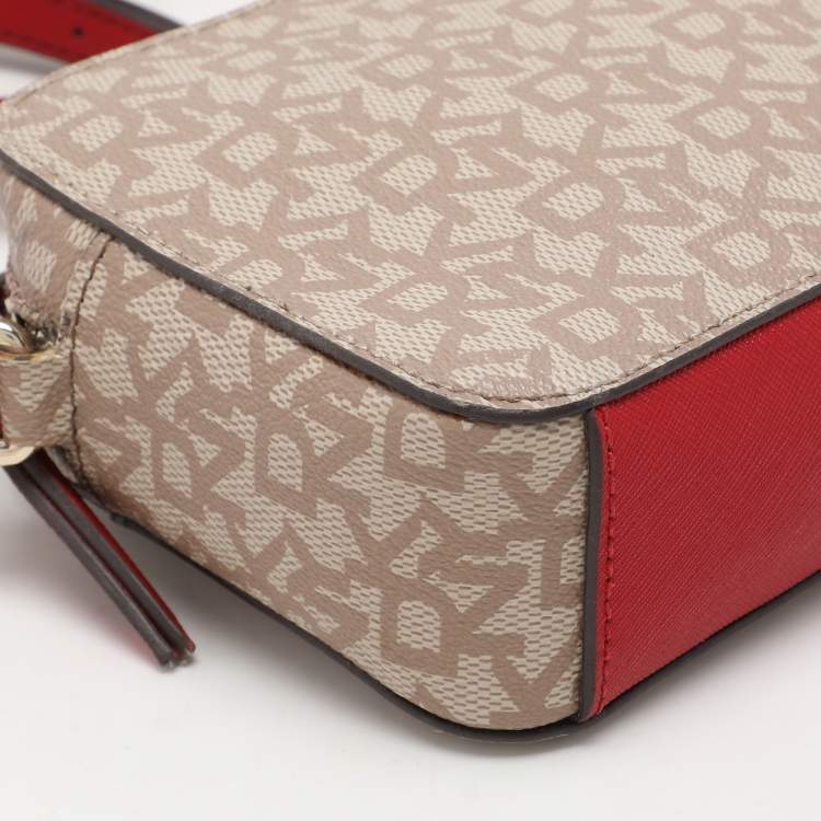 Pre Owned Dkny Beige/Red Signature Coated Canvas and Leather Crossbody Bag
