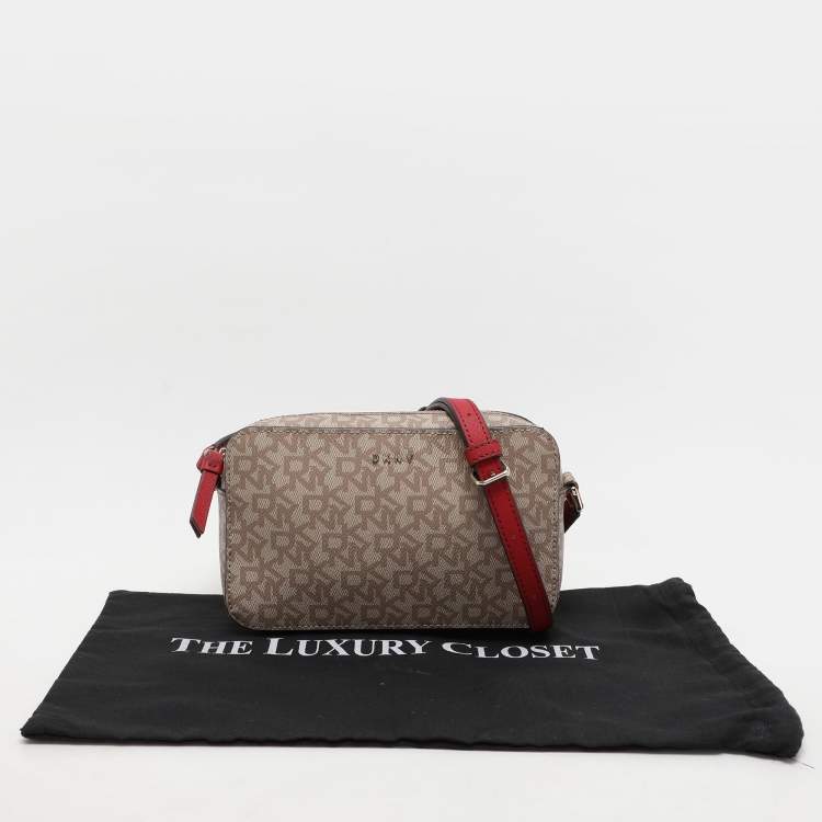 Pre Owned Dkny Beige/Red Signature Coated Canvas and Leather Crossbody Bag