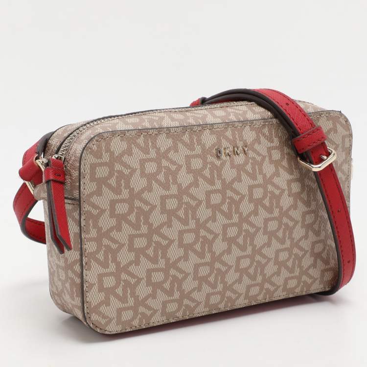 Pre Owned Dkny Beige/Red Signature Coated Canvas and Leather Crossbody Bag